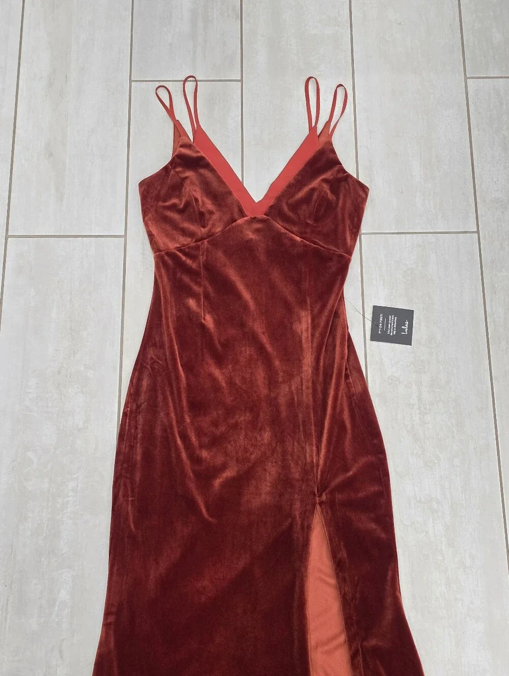 NWT LULUS Immensely Glam Rust Red Velvet Backless Maxi Dress Slit